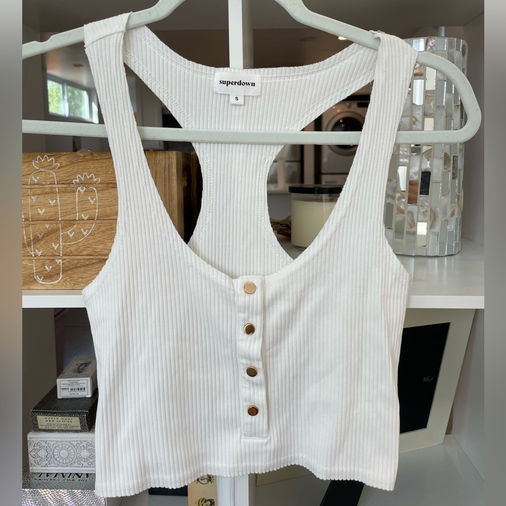 Superdown White Ribbed Crop Top with Rose Gold Snaps